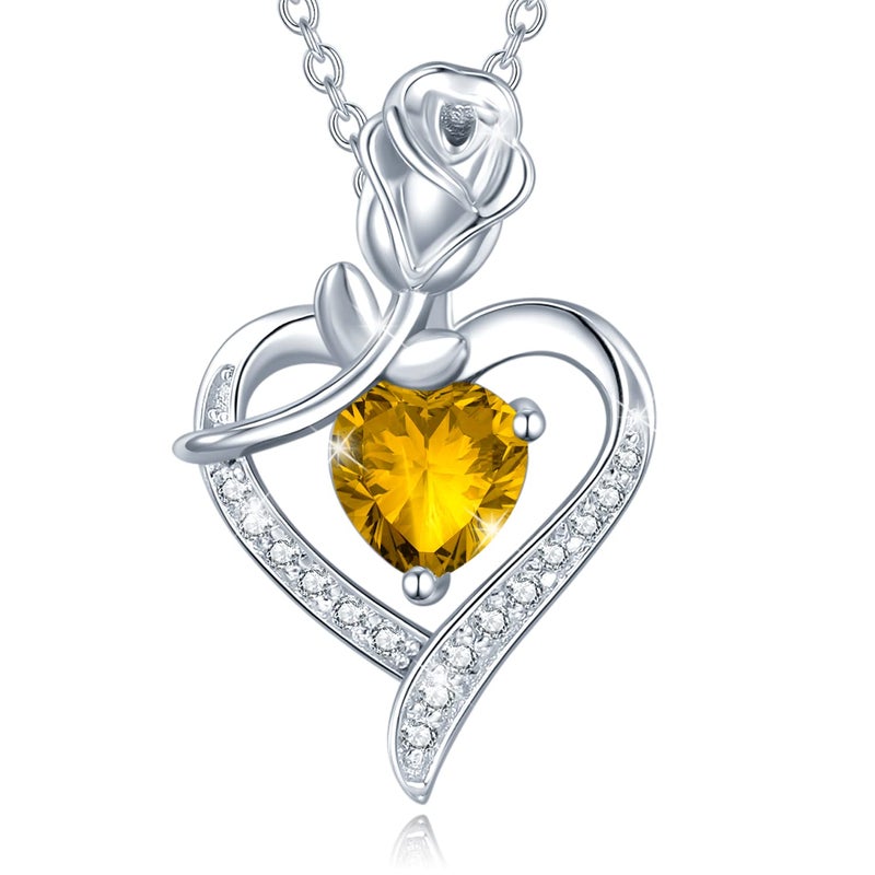 AGVANA November Birthstone Jewelry Citrine Necklace for Women Sterling Silver Rose Flower Heart Pendant Necklace Fine Jewelry Anniversary Birthday Gifts for Women Wife Lady Her - Image 1